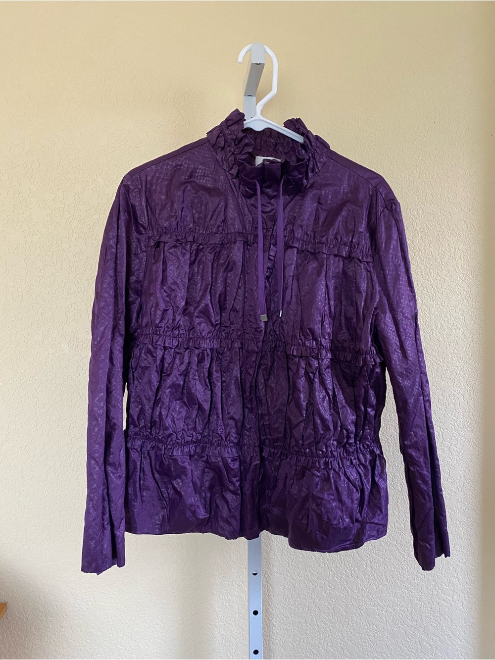 Chico’s Women’s Deep Purple Lightweight Ruffle-Neck Jacket Size Large